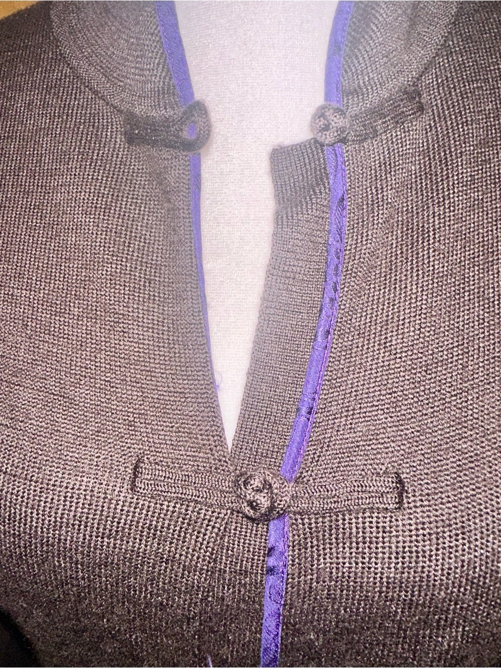 Shanghai Tang Brown Knit Mandarin Collar Cardigan with Purple Trim 100% Wool - Picture 5 of 8